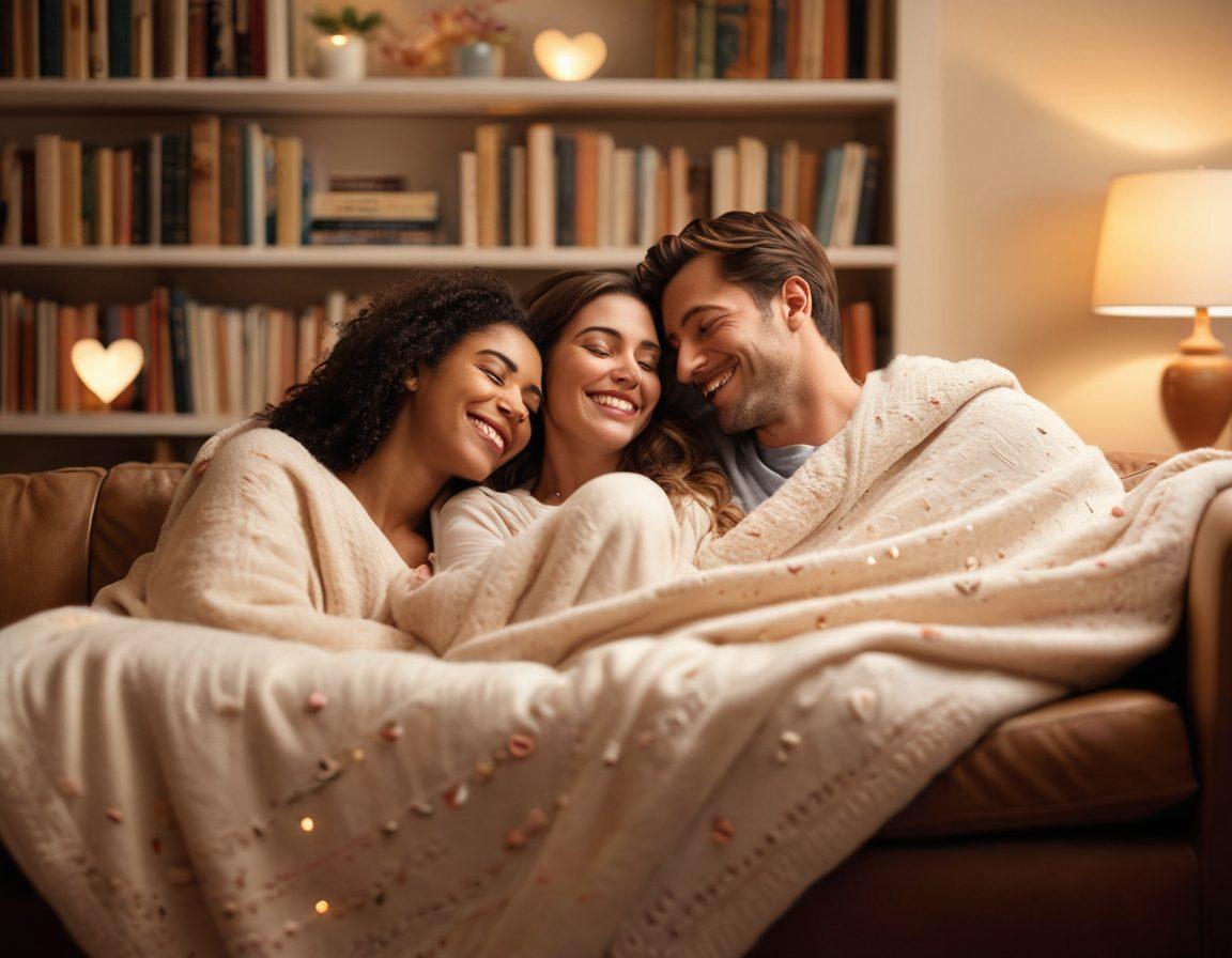A warm, inviting scene of a couple sitting closely on a cozy couch, sharing a laugh while wrapped in a soft blanket. Surrounding them are faint pastel-colored hearts and intertwined vines symbolizing love and connection. A subtle glow radiates from a nearby lamp, casting a soft light that enhances the feeling of intimacy. The background features a gently blurred bookshelf filled with relationship books. super-realistic. warm tones. soft focus.