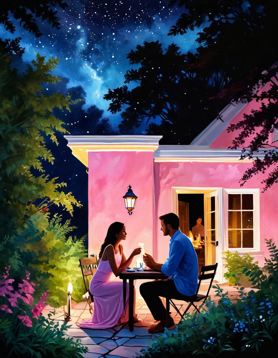 A romantic setting featuring a couple engaged in deep conversation under a starlit sky, surrounded by soft candlelight and lush greenery. The scene captures expressions of joy and intimacy as they share a moment together, symbolizing passion and connection. Incorporate gentle colors like warm pinks and deep blues to enhance the emotional atmosphere. painting. vibrant colors.