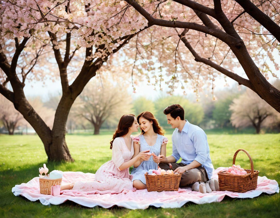 A whimsical scene depicting a couple engaged in a romantic picnic under a cherry blossom tree, surrounded by soft pastel colors and gentle sunlight filtering through the blossoms. Include elements like heart-shaped balloons and a vintage picnic basket filled with delicacies. The couple should appear joyful and deeply connected, capturing the essence of love and attachment. dreamy illustration. vibrant colors. soft focus.